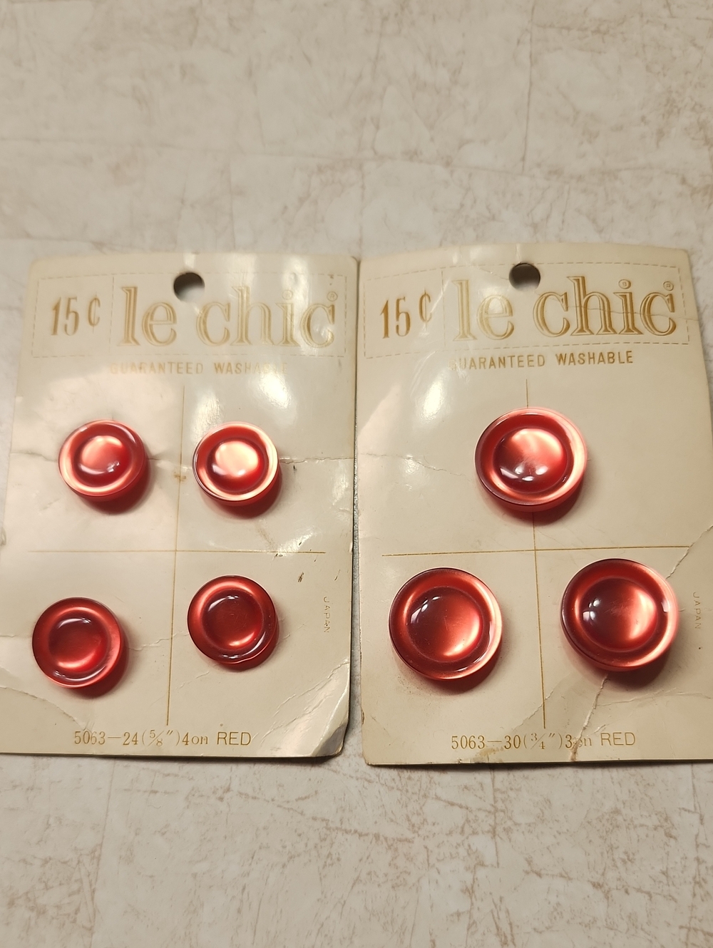 Vintage Le chic Red Shank Buttons - Set of 5 on Cards